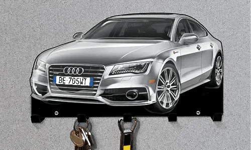 Silver Audi-shaped wall key holder with five hooks for organizing keys