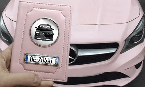 tasche für fahrzeugpapiere in der Hand mit rosa Wagen schutzhülle für fahrzeugschein