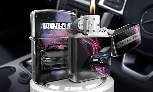 Set of metallic lighters with luxury car designs: one open with flame, others with purple light streaks, placed inside car interior
