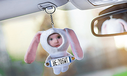 Cuddly toy bunny with photo in the car
