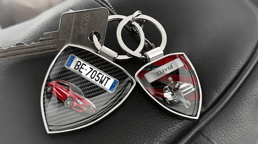 Custom shield photo keychains with personalized car photos