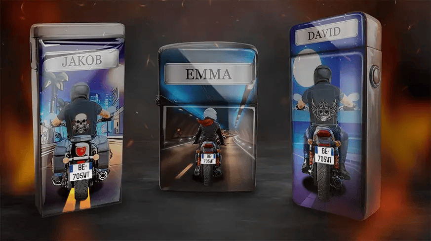 Three lighter cases feature motorcyclists from behind, each named: Jakob, Emma, and David. Urban nightscape, tunnel, and moonlit backgrounds. Energetic vibe.
