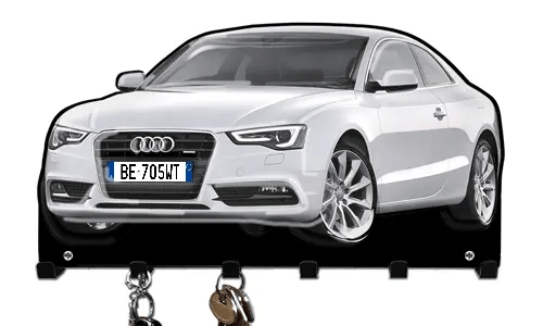 Wall-mounted key holder shaped like a white Audi car with hooks for organizing keys