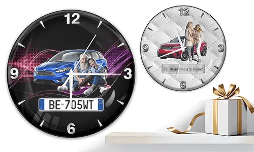 Two wall clocks with couples and cars: left with blue car and purple waves, right with red car on quilted white background